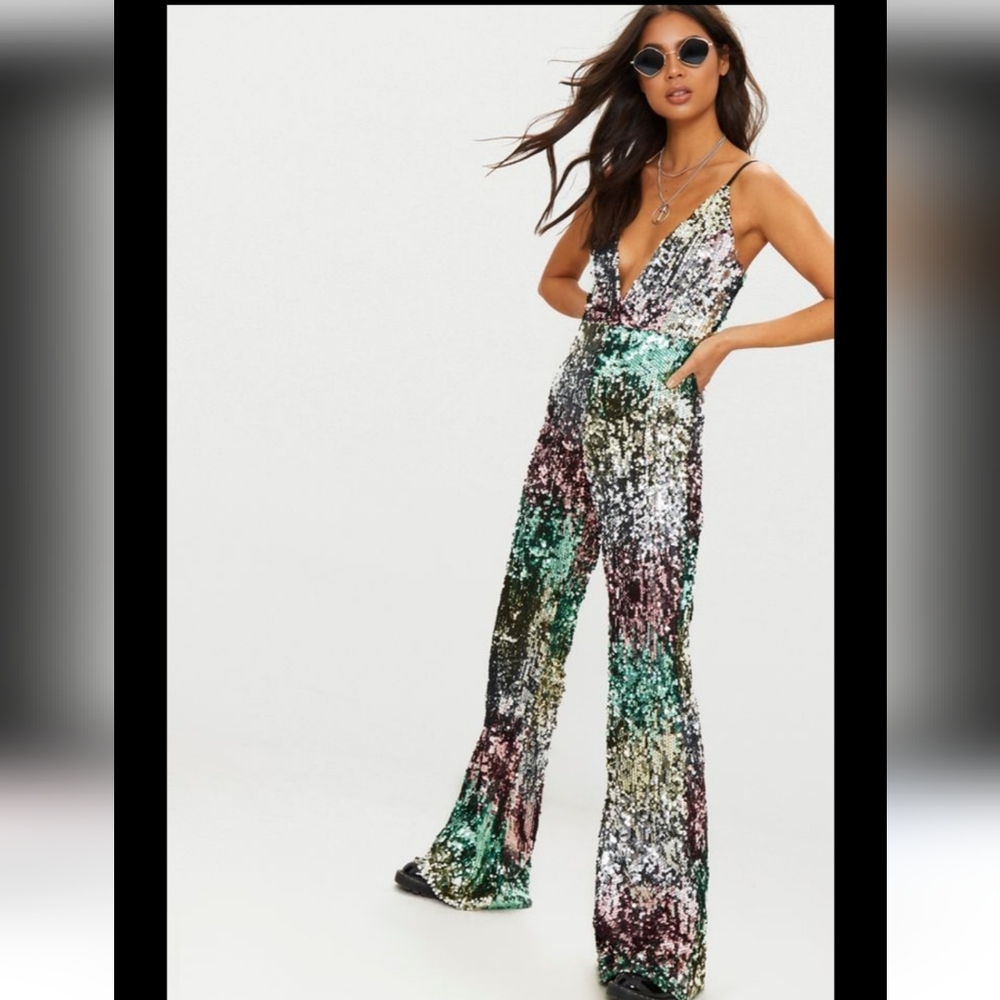 NWT Wild Honey Striped Multicolor Sequin Jumpsuit Romper Overalls READ CAREFULLY